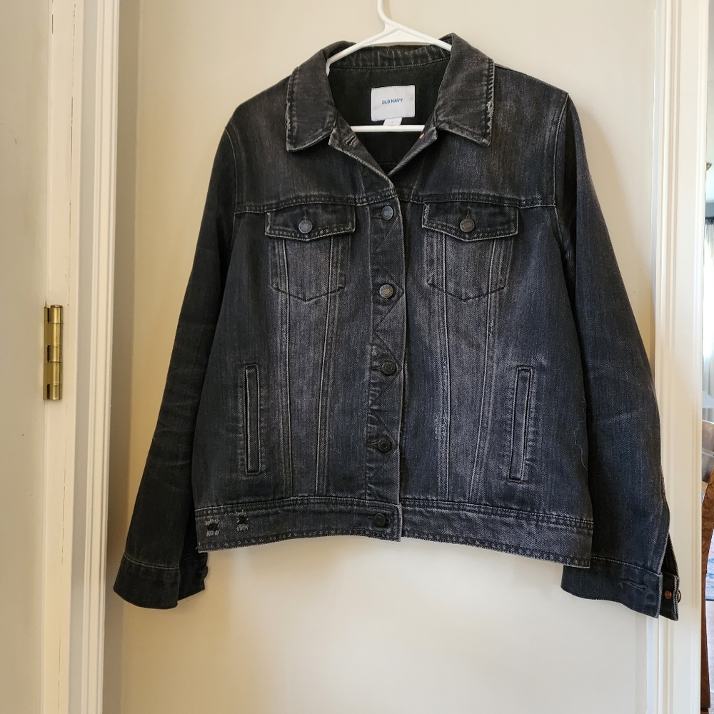 Old Navy black denim distressed jean jacket, size large